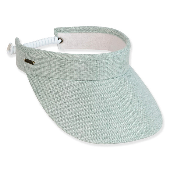 Three-quarter view of a sage green linen-textured sun visor featuring a wide brim and white coiled elastic back strap.
