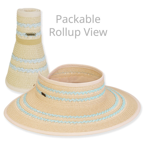Three-quarter view of a tan woven sun visor with turquoise braided bands, shown both open and rolled up.