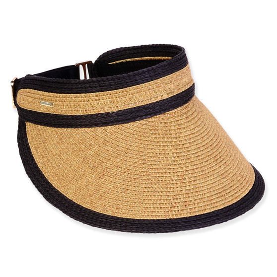 Three-quarter view of a tan woven sun visor featuring a wide brim, navy blue trim, and adjustable silver buckle.