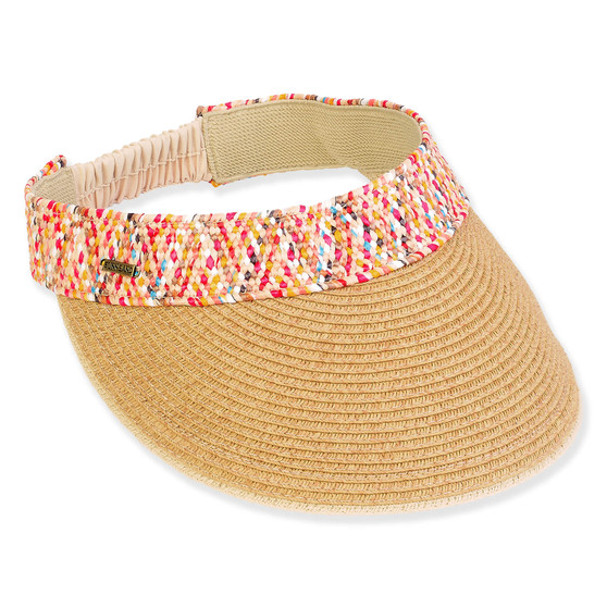 Three-quarter view of a tan woven straw sun visor featuring a colorful confetti-patterned crown band and elastic back.