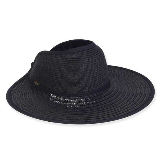Three-quarter view of a navy blue woven sun visor featuring a wide, circular brim and a textured crown band.