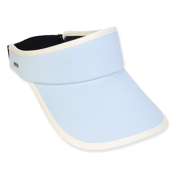 Three-quarter view of a light blue woven sun visor featuring a wide brim and contrasting white trim along the edges.