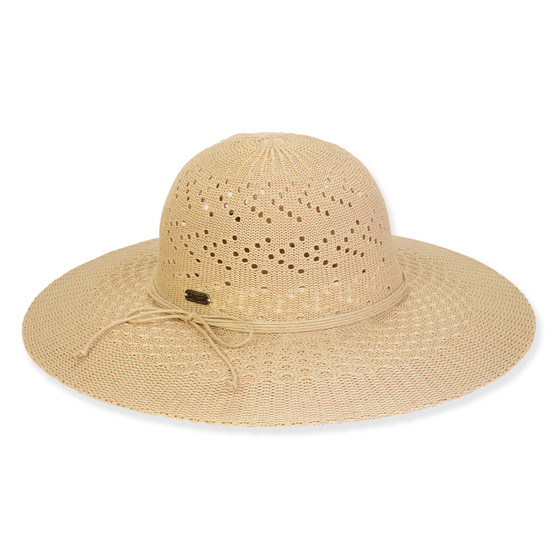 Front view of a tan straw sun hat featuring a decorative open-weave crown, thin cord band, and wide brim.