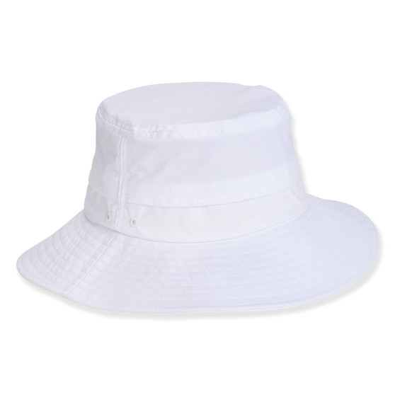 Three-quarter view of a white wide-brim sun hat featuring textured canvas fabric, topstitching details, and ventilation eyelets.