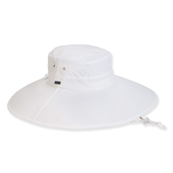 Three-quarter view of a white wide-brim sun hat featuring ventilation eyelets, a moisture-wicking band, and an adjustable toggle chin strap.