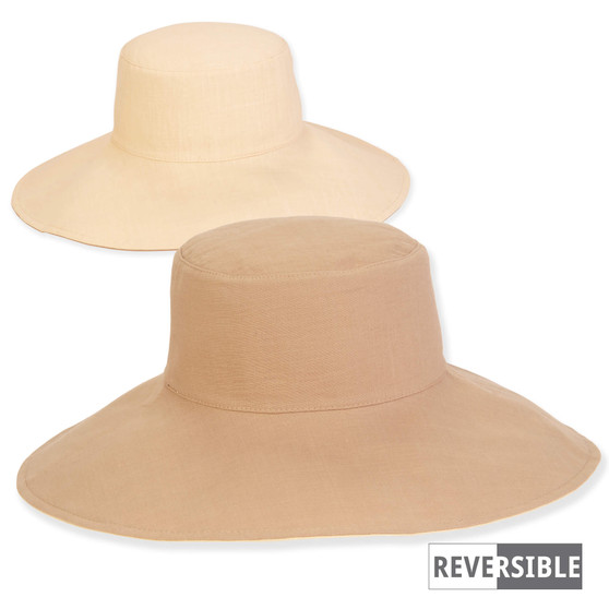Product view of a reversible sun hat showing cream and tan canvas textures with a wide, flexible, sun-protective brim.