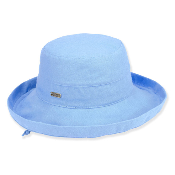 Front view of a light blue sun hat made of textured fabric, featuring a wide upturned brim and silver hardware.