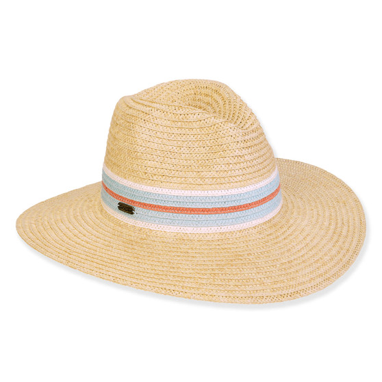Front view of woven straw sun hat featuring wide brim, creased crown, and light‑blue, white, reddish‑orange striped band with small metallic tag.