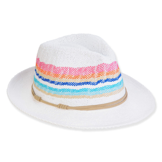 Front view of white woven fedora sun hat featuring medium brim, creased crown, and vibrant pink, orange, blue, turquoise striped band with tan trim.