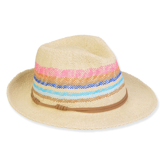Front view of light woven straw sun hat featuring medium brim, creased crown, and layered pink, tan, blue, turquoise striped band detailing.