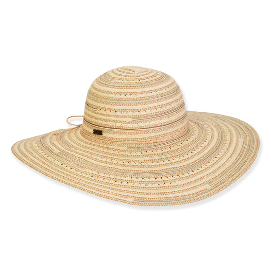 Front view of light woven straw sun hat featuring wide brim, rounded crown, concentric weave pattern, and small rectangular side tag accent.