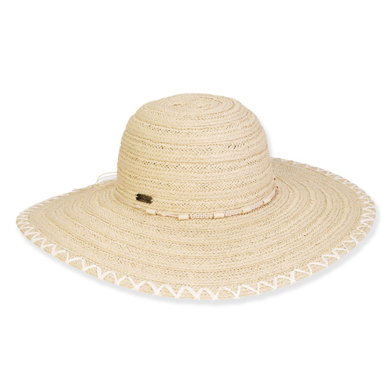 Front view of tan woven straw sun hat featuring wide floppy brim, white stitched edge detailing, rounded crown, and small metallic side tag.