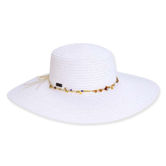 Front view of white woven straw sun hat featuring wide brim, rounded crown, and decorative multicolor beaded band highlighting detailed textured weave.