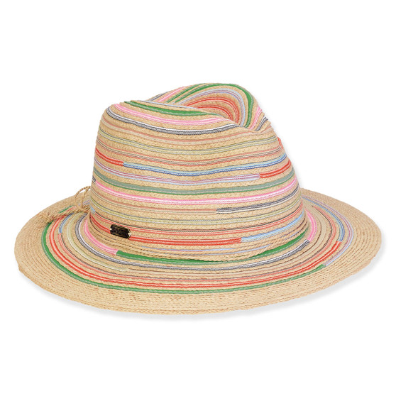 Three-quarter view of a tan woven fedora featuring a vibrant multi-colored horizontal striped pattern and a small brand plaque.