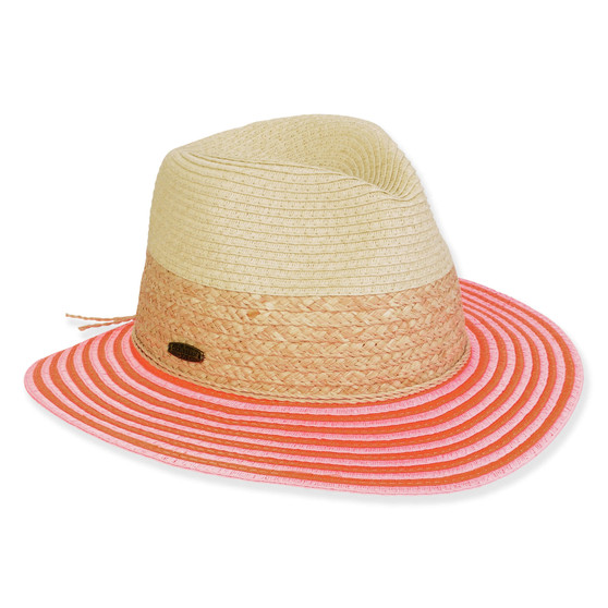 Three-quarter view of a two-tone woven fedora featuring a tan base, cream crown, and vibrant pink striped wide brim.