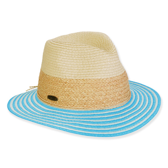 Three-quarter view of a two-tone woven fedora featuring a tan base, cream crown, and vibrant blue striped wide brim.