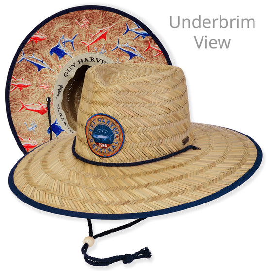 Composite view of a natural straw lifeguard hat featuring a Guy Harvey marlin patch, printed underbrim, and adjustable chin cord.