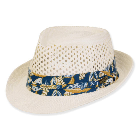Three-quarter view of a white perforated straw fedora featuring a blue and gold tropical leaf print band and oval logo.