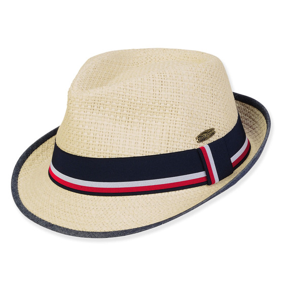 Three-quarter view of a cream straw fedora featuring a navy, red, and white striped ribbon band and oval metal logo.