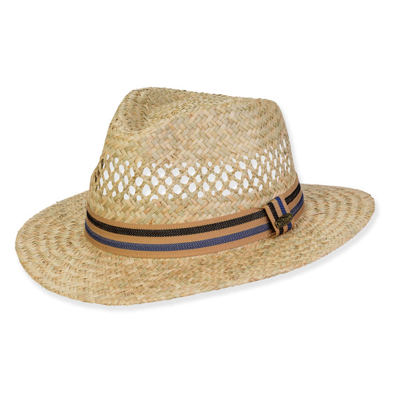 Three-quarter view of a natural straw fedora with an open-weave crown, striped fabric band, and small metallic side logo hardware.