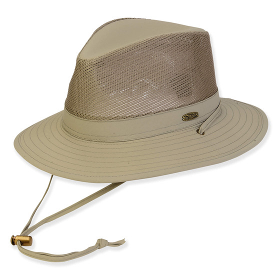 Three-quarter view of a taupe mesh crown safari hat, stitched brim, adjustable chin cord with toggle, and oval metal logo.