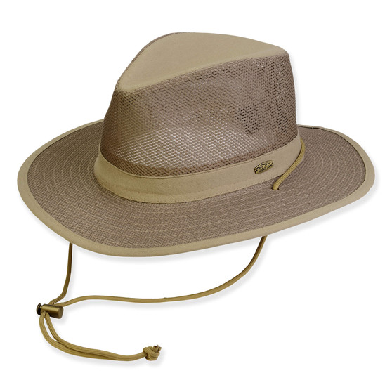 Three-quarter view of a taupe mesh crown safari hat, fabric-bound brim, adjustable chin cord with toggle, and oval metal logo.