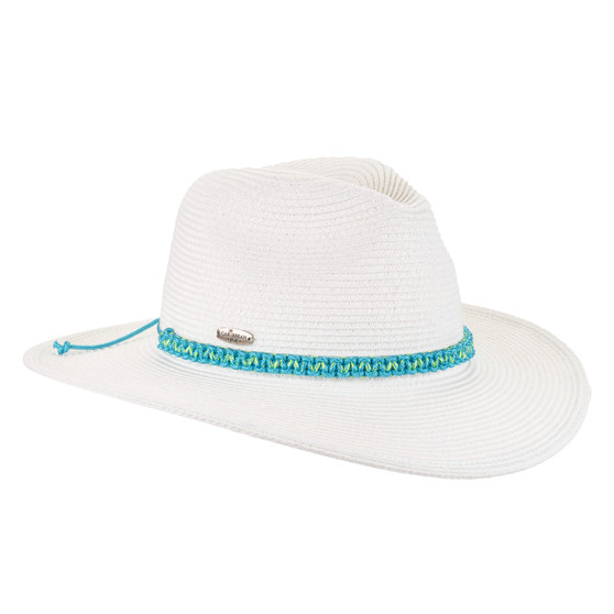 Blue Banded paper-braid safari hat tight woven texture rounded crown medium curved brim turquoise band metal buckle front three-quarter view