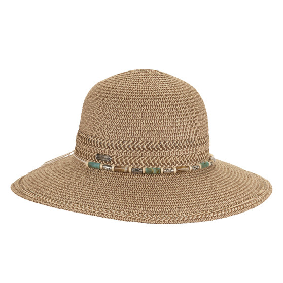 Front angle view of women’s Sun N Sand HH3427 floppy hat in natural straw texture with wide flexible brim and adjustable interior band for UPF sun protection.