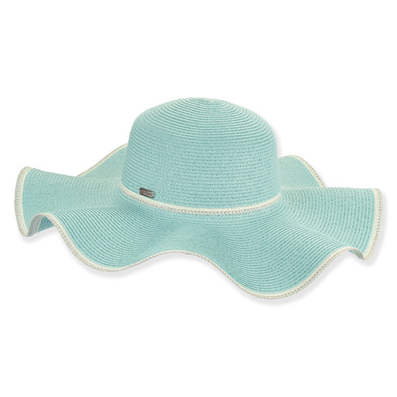 Front angled view of the Sun N Sand HH3432 women’s floppy hat in light blue, featuring wavy white trim brim and woven texture for sun protection.