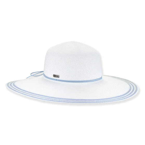 White wide-brim floppy hat, woven texture, creased crown, light-blue trim, brim edge, decorative back bow, metallic brand tag, adjustable band.