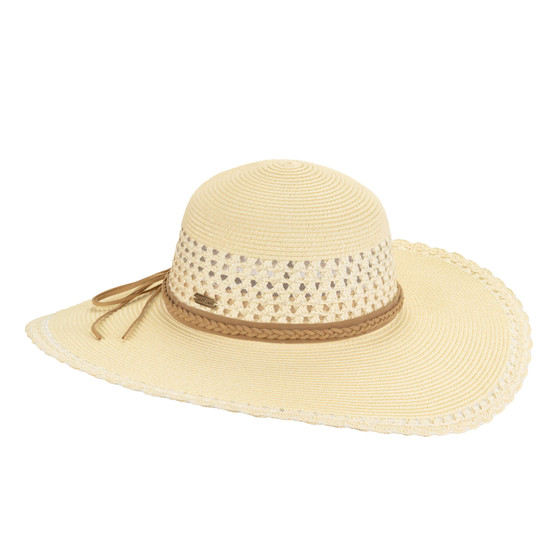 Front angled view of the Sun N Sand HH3443 women’s floppy hat in beige woven straw, featuring ventilated crown pattern and brown bow band for UPF sun protection.