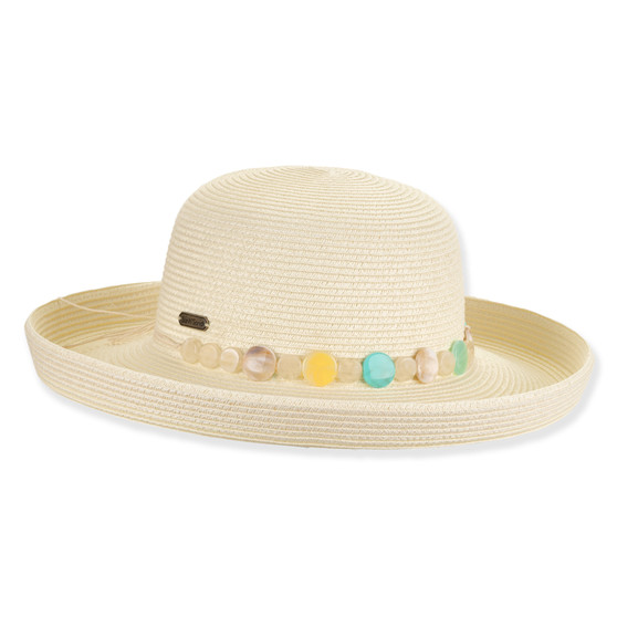 Front angle view of woven beige straw upbrim hat with rounded crown, colorful beaded band, and small metallic tag.