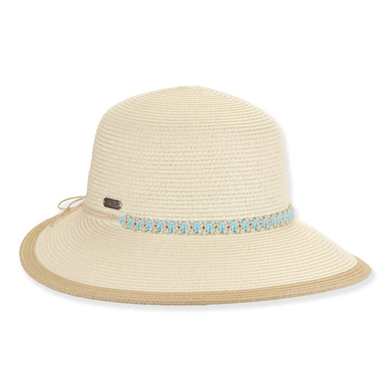 Front view beige woven tapered bucket hat with wide brim, textured straw crown, stitched blue white band, rounded shape, and small metallic tag