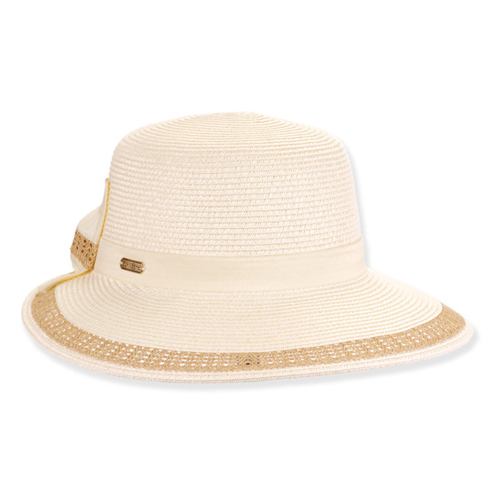 Front view beige woven tapered bucket hat with wide brim, textured straw pattern, lacy open weave brim trim, band detail, and small metallic tag.