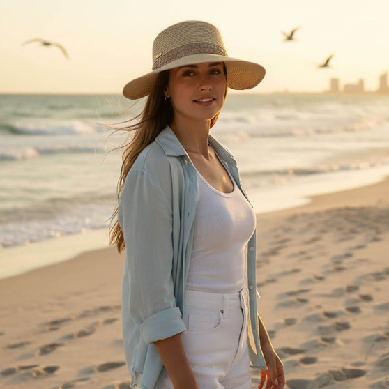 Lifestyle portrait of the Sun N Sand HH3474 Women’s Tapered Bucket Hat in natural-toned woven straw, featuring a decorative textured hatband and a down-sloping tapered brim for an adjustable fit and UPF 50+ sun protection.
