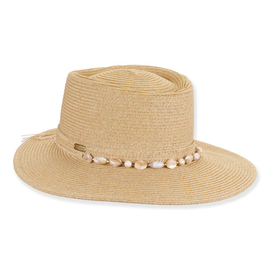 Front three-quarter studio view of Sun N Sand flat top hat featuring tan woven texture, shell bead band and metal plaque