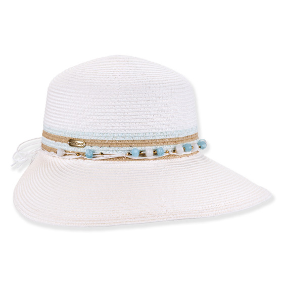 Three-quarter studio view of Sun N Sand HH3490 white ribbed sun hat featuring a tan beaded band with blue accents.