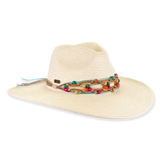 Three-quarter studio view of Sun N Sand HH3495 cream safari hat featuring a colorful beaded cord band and metallic logo.