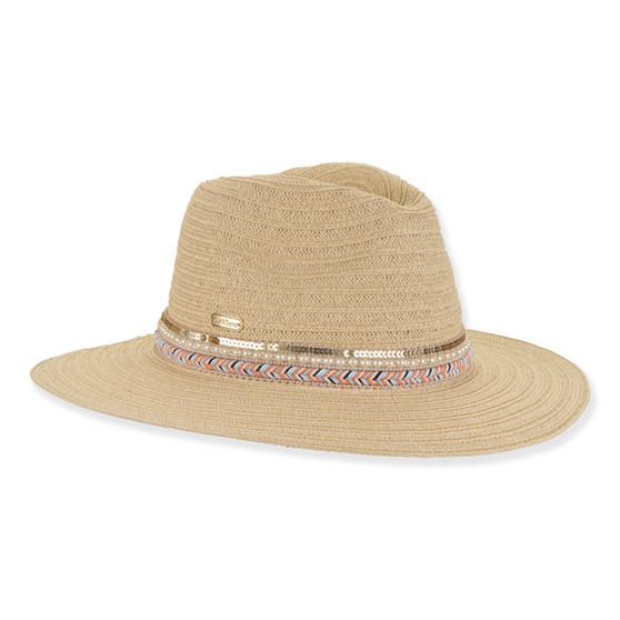 Three-quarter studio view of Sun N Sand HH3498 tan safari hat featuring gold sequined band, pearl trim, and embroidered chevron.
