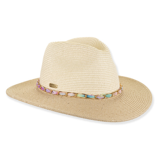 Three-quarter studio view of Sun N Sand HH3499 cream safari hat featuring gold chain link band and shimmering sequined tan brim.