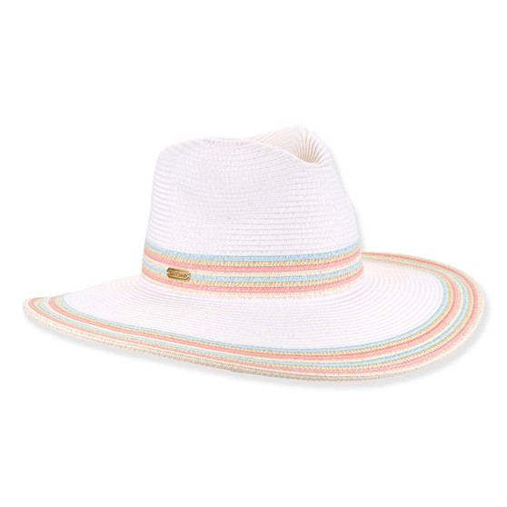 Three-quarter studio view of Sun N Sand HH3505 white safari hat featuring pastel rainbow striped crown band and matching bound brim