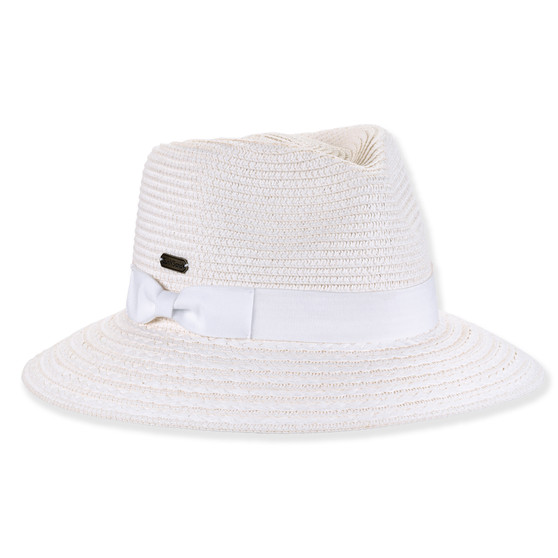 Three-quarter studio view of Sun N Sand HH3519 white fedora featuring a matching white grosgrain ribbon bow and metallic logo.