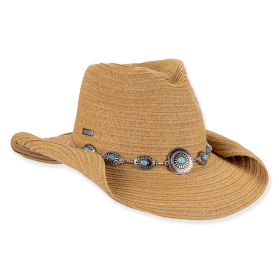 Three-quarter studio view of Sun N Sand HH3521 tab western hat featuring a black geometric embroidered band and metallic logo.