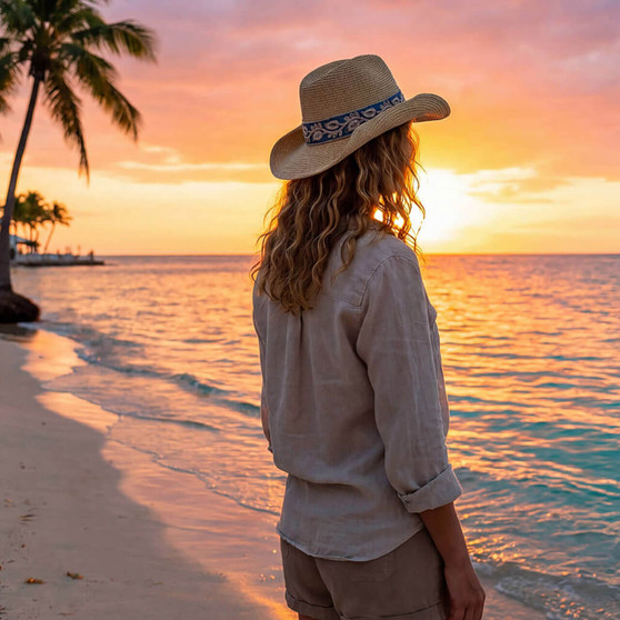 Lifestyle rear portrait of the Sun N Sand HH3522 Women’s Western Hat in natural-toned woven straw, featuring a blue and white patterned hatband and a classic pinched crown with an upturned brim for an adjustable fit and UPF 50+ sun protection.