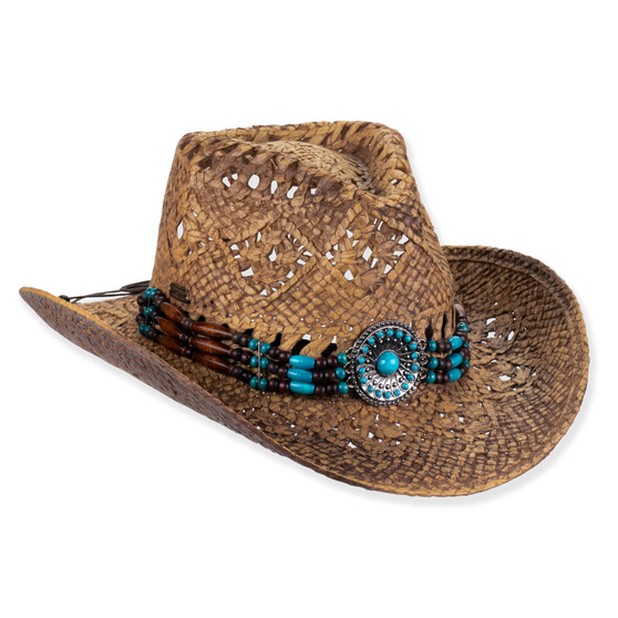 Three-quarter studio view of Sun N Sand HH3533 dark tan western hat featuring open-weave straw, turquoise beaded band, and silver concho.