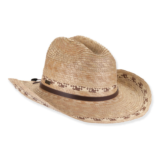 Three-quarter studio view of Sun N Sand tan western hat featuring integrated brown diamond patterns, leather band, and cattleman crown.