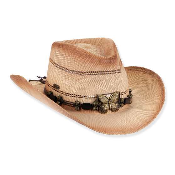Three-quarter studio view of Sun N Sand HH3536 tan western hat featuring a bronze butterfly concho, black beads, and cattleman crown.