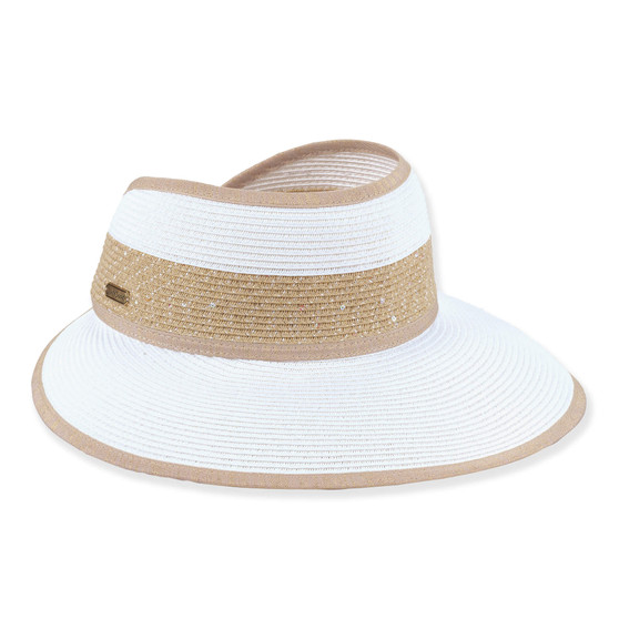 White woven straw visor with tan trim, textured band, and gold logo detail