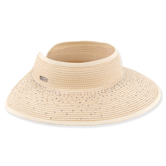 Three-quarter studio view of Sun N Sand HH3554 ivory straw rollup visor featuring sparkling rhinestone accents and a fabric-bound edge.