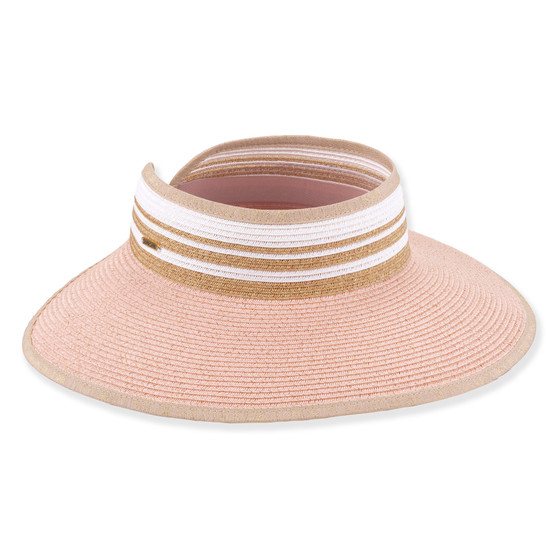 Three-quarter studio view of Sun N Sand HH3555 pink straw rollup visor featuring a striped crown and tan fabric binding.